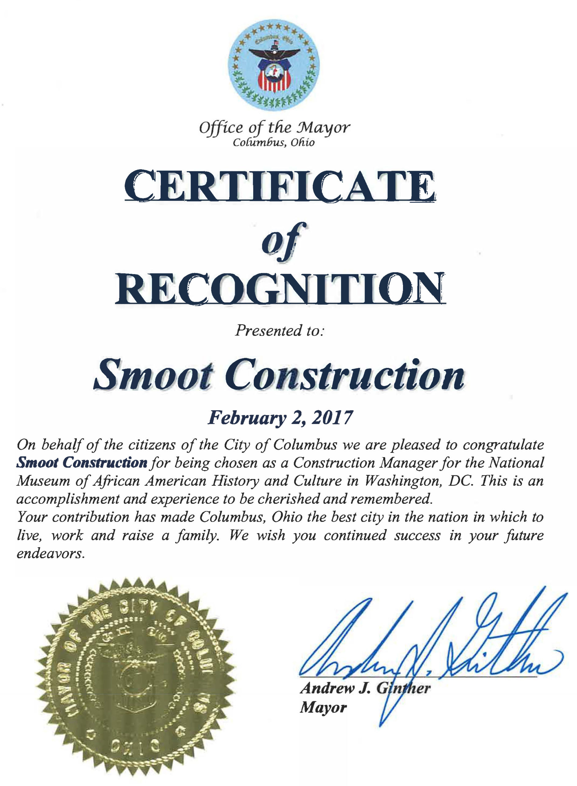 Columbus Mayor Honors Smoot Construction - Smoot Construction